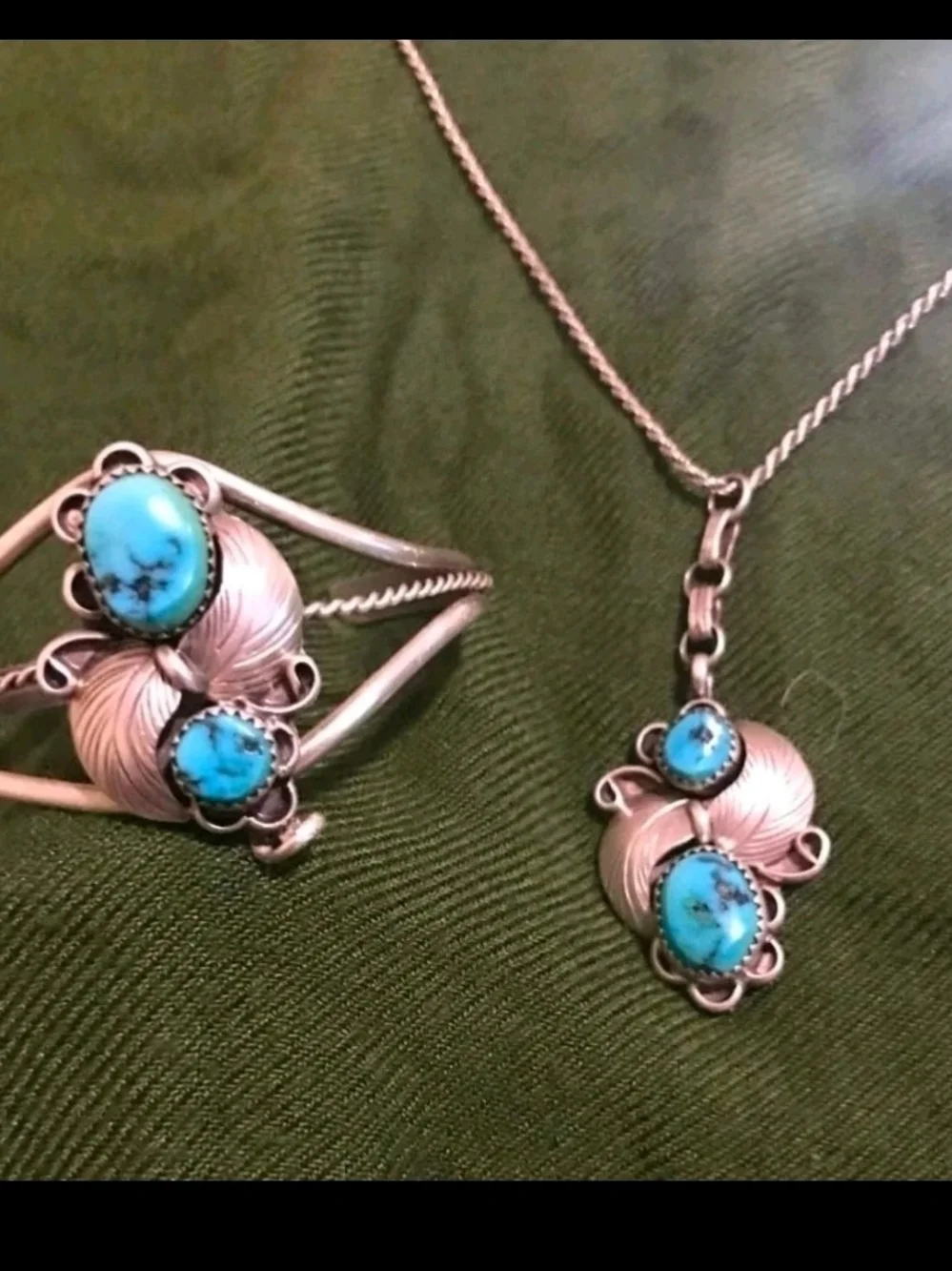 Vintage Navajo Sterling Silver Turquoise Cuff Bracelet & Necklace Signed GJ 925